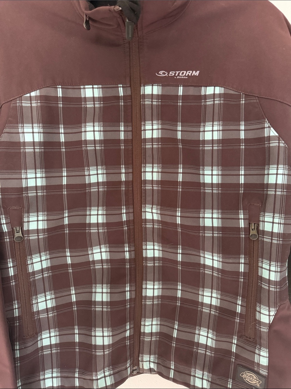Storm Dickies Women’s Brown Jacket Teal Plaid Front - Picture 3 of 5
